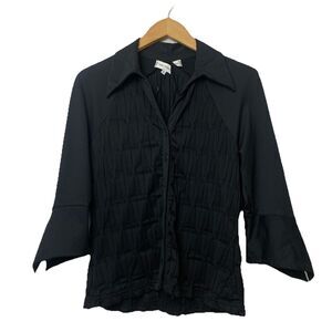 Anne Fontaine Black Blouse Sz 4 Button Up Pintuck Ruched Sheer Cutout 3/4 Sleeve